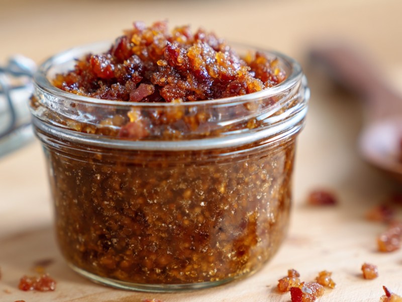 Ein Glas Speckmarmelade.