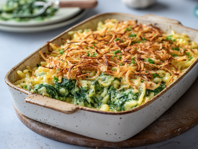 Ein Auflaufform mit Spinat-Spätzeauflauf mit Röstzwiebeln auf einer runden Holzunterlage. Im Hintergrund sieht man einen Teller mit etwas Spinat. Rechts neben der Form liegt ein graues Tuch.