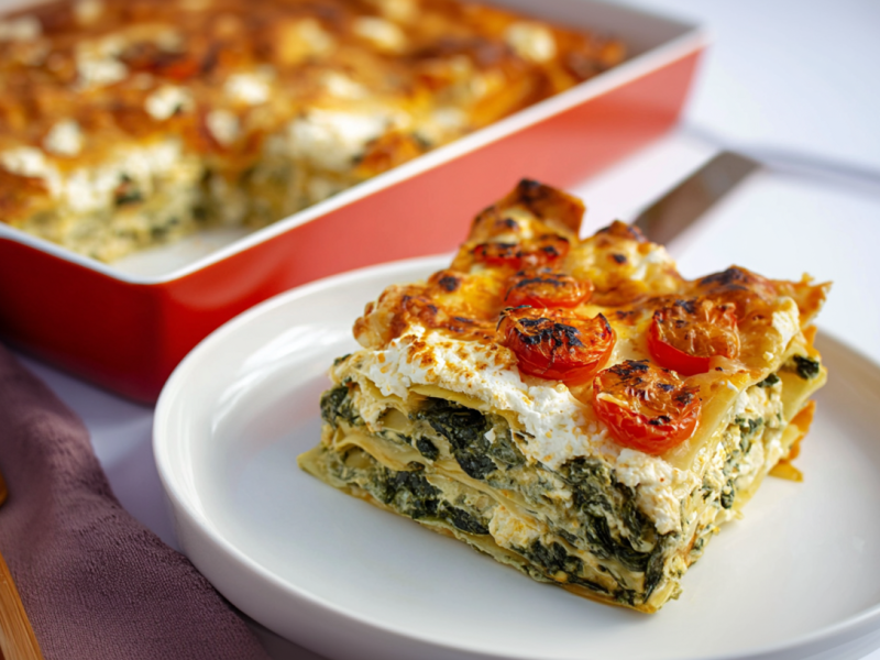 Spinatlasagne mit Feta und Tomaten, serviert auf einem Teller. Im Hintergrund steht eine Auflaufform mit der Lasagne.