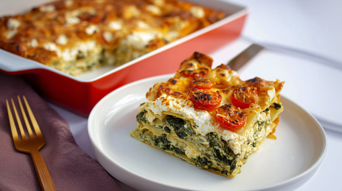 Spinatlasagne mit Feta und Tomaten, serviert auf einem Teller. Im Hintergrund steht eine Auflaufform mit der Lasagne.