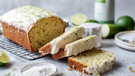 Ein aufgeschnittener süßer Zucchini-Kuchen mit einem weißen Frischkäse-Frosting. Ringsum liegen Zutaten wie frische Limetten, eine Schale mit Puderzucker und eine angeschnittene Zucchini herum sowie weitere Gefäße und ein Teller.