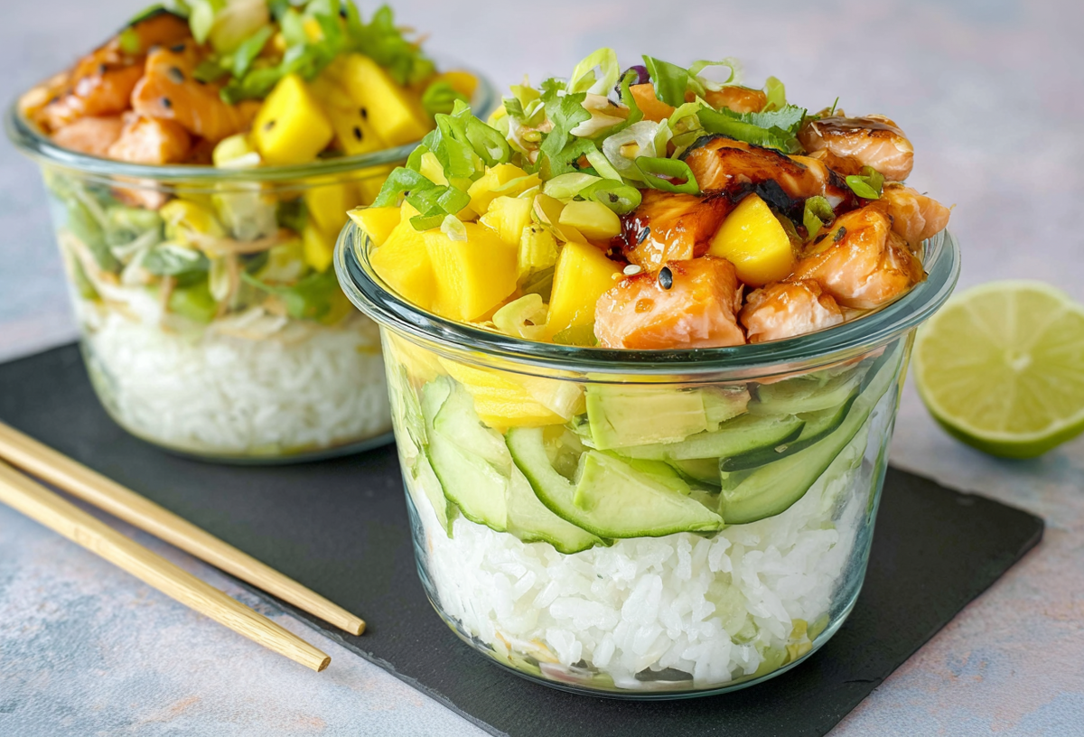 Zwei Schüsseln mit Sushi-Salat, serviert auf einem Brett. Daneben liegen Stäbchen und im Hintergrund eine aufgeschnittene Limette.