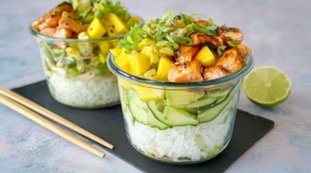 Zwei Schüsseln mit Sushi-Salat, serviert auf einem Brett. Daneben liegen Stäbchen und im Hintergrund eine aufgeschnittene Limette.