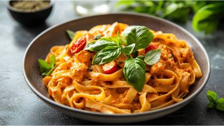 Teller mit einer Portion Tikka-Masala-Nudeln