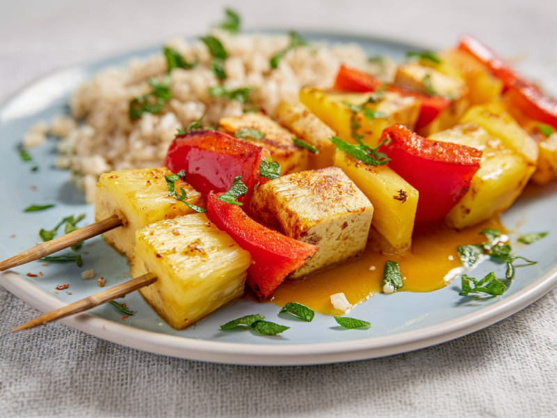 Tofu-Grillspieße mit Ananas und Paprika, serviert auf einem Teller mit Reis.