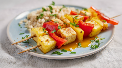 Tofu-Grillspieße mit Ananas und Paprika, serviert auf einem Teller mit Reis.
