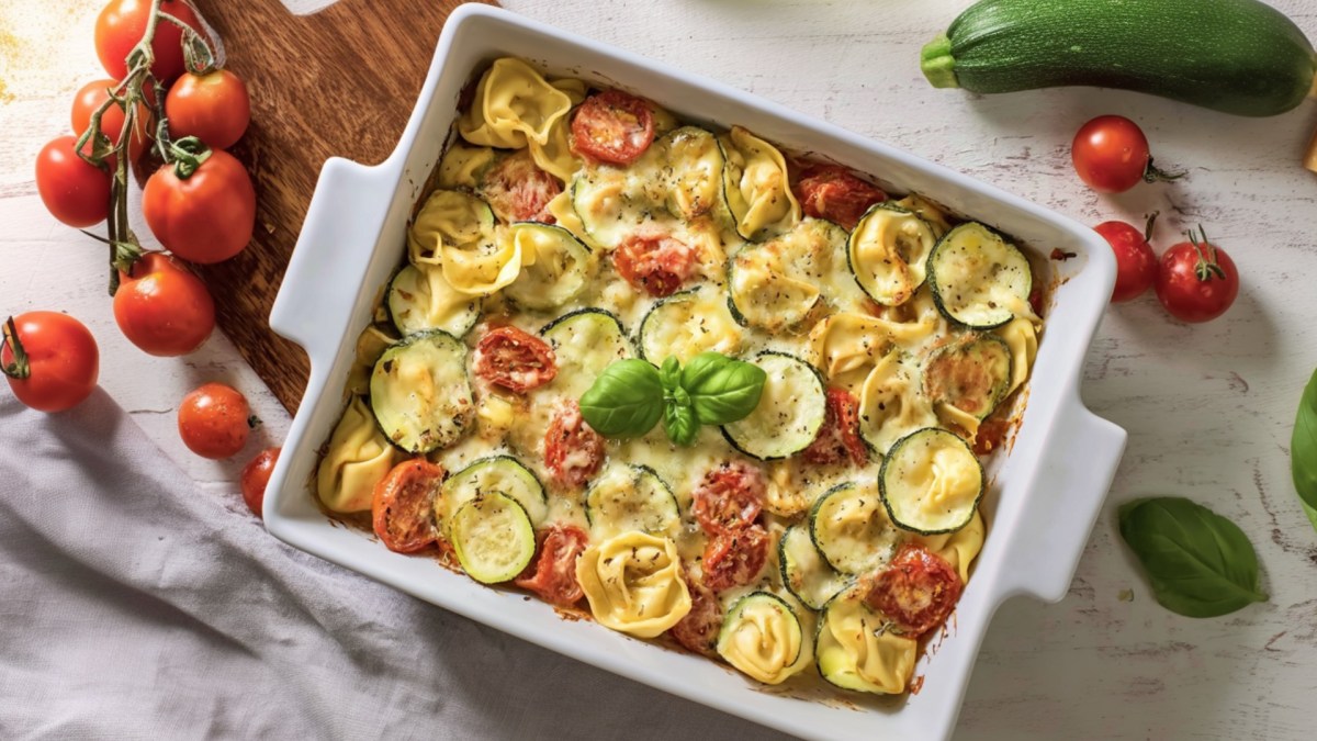 Ein Tortellini-Auflauf mit Zucchini und Tomaten in der Draufsicht.