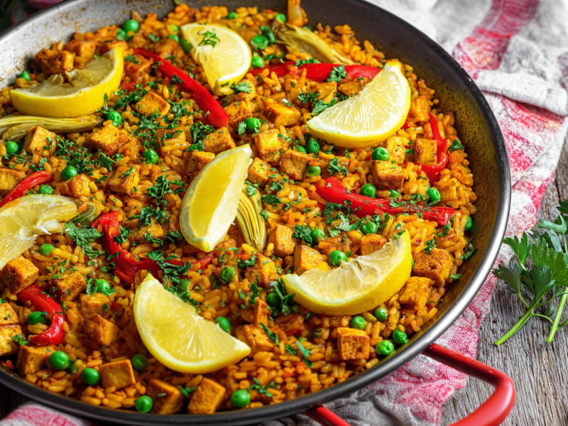 Vegane Paella, serviert in einer großen Pfanne.