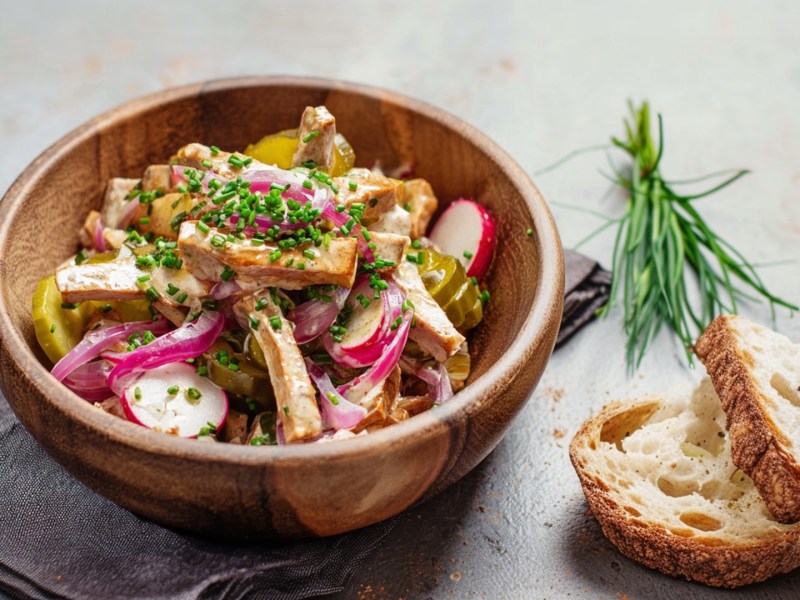 Eine Holzschüssel mit veganem Wurstsalat aus Räuchertofu. Neben der Schüssel liegen drei frische Scheiben Sauerteigbrot und ein kleiner Bund Schnittlauch.