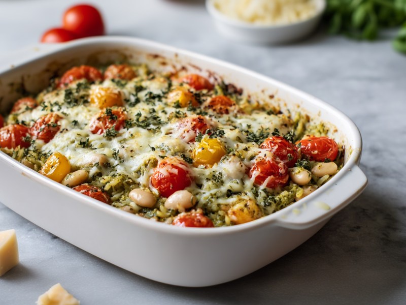 Ein Weiße-Bohnen-Reis-Auflauf in einer eckigen Auflaufform. Ringsum liegen ein paar kleine Tomaten, Käsestücke, eine Schale mit geriebenem Käse sowie frisches Basilikum im Hintergrund.