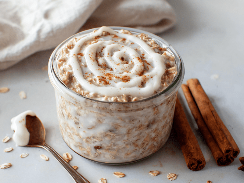 Ein Glas Zimtschnecken Overnight Oats steht auf einer hellen Unterlage. Rechts neben dem Glas liegen zwei Zimtstangen sowie ein Sternanis. Links liegt ein Löffel mit dem Topping sowie ein weiterer Sternanis.