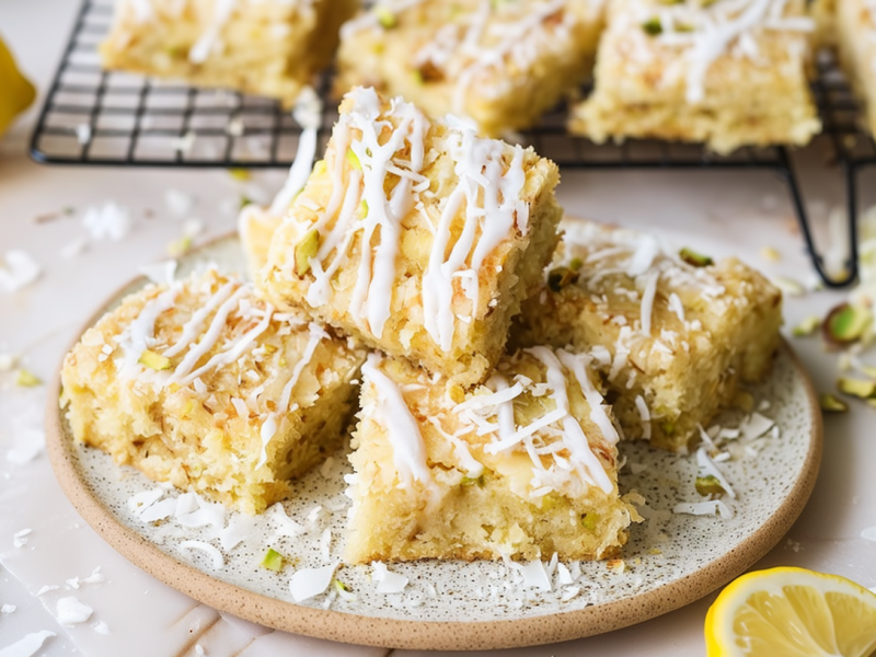 Zitronen-Kokos-Blondies auf einem Teller. Als Dekoration liegen einige Zitronenscheiben außen herum.