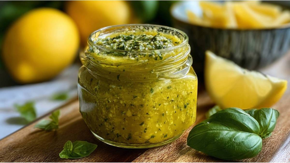 Ein Glas mit Zitronen-Pesto auf einem Tisch, Zitronen uns Basilikumblätter daneben