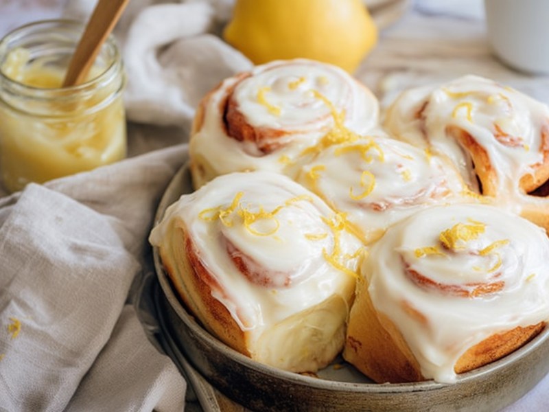 Eine runde Auflaufform aus Keramik, die mit Zitronenschnecken gefüllt ist. Die Zitronenschnecken sind mit einem Frischkäse-Frosting getoppt und mit frischer Zitronenzeste garniert. Neben der Form ist ein Küchenhandtuch drapiert. Im Hintergrund ist ein Glas mit Lemon Curd sowie eine frische Zitrone zu sehen.