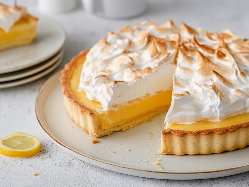 Eine angeschnittene Zitronen-Tarte mit Baiser, die auf einem großen Servierteller liegt. Im Hintergrund ist ein Stapel mit Tellern zu sehen. Auf dem obersten Teller liegt ein Stück Zitronen-Tarte mit Baiser. Außerdem liegt eine Scheibe Zitrone auf der Arbeitsfläche.