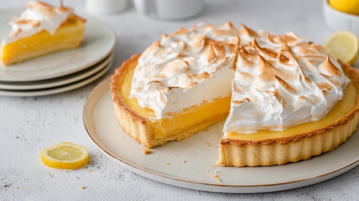 Eine angeschnittene Zitronen-Tarte mit Baiser, die auf einem großen Servierteller liegt. Im Hintergrund ist ein Stapel mit Tellern zu sehen. Auf dem obersten Teller liegt ein Stück Zitronen-Tarte mit Baiser. Außerdem liegt eine Scheibe Zitrone auf der Arbeitsfläche.