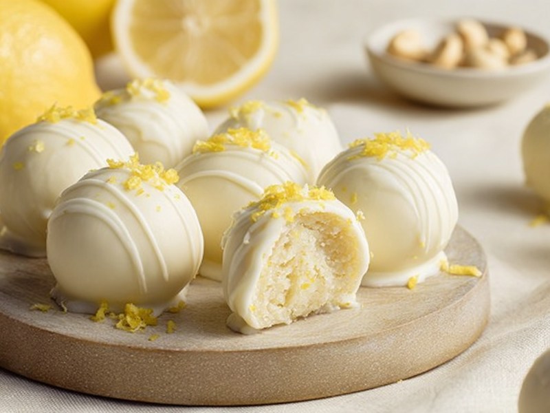 Eine kleine runde Platte mit einigen Zitronenkuchenbällchen ohne Backen. Im Hintergrund sind Zitronen und eine kleine Schale mit Cashews zu erkennen. Im Vordergrund und an der Seite sieht man einige weitere Zitronenkuchenbällchen.