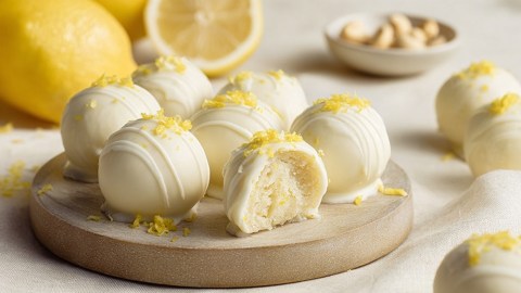 Eine kleine runde Platte mit einigen Zitronenkuchenbällchen ohne Backen. Im Hintergrund sind Zitronen und eine kleine Schale mit Cashews zu erkennen. Im Vordergrund und an der Seite sieht man einige weitere Zitronenkuchenbällchen.