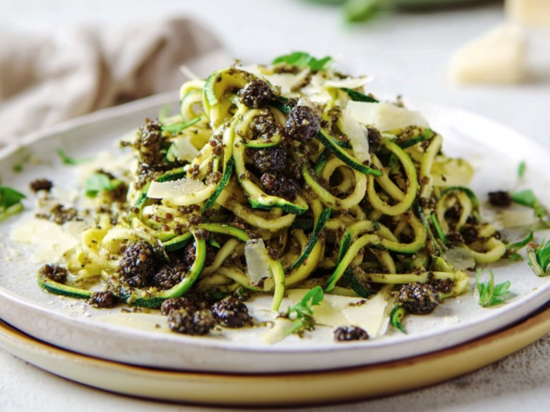 Ein Teller Zoodles mit Olivenpesto.