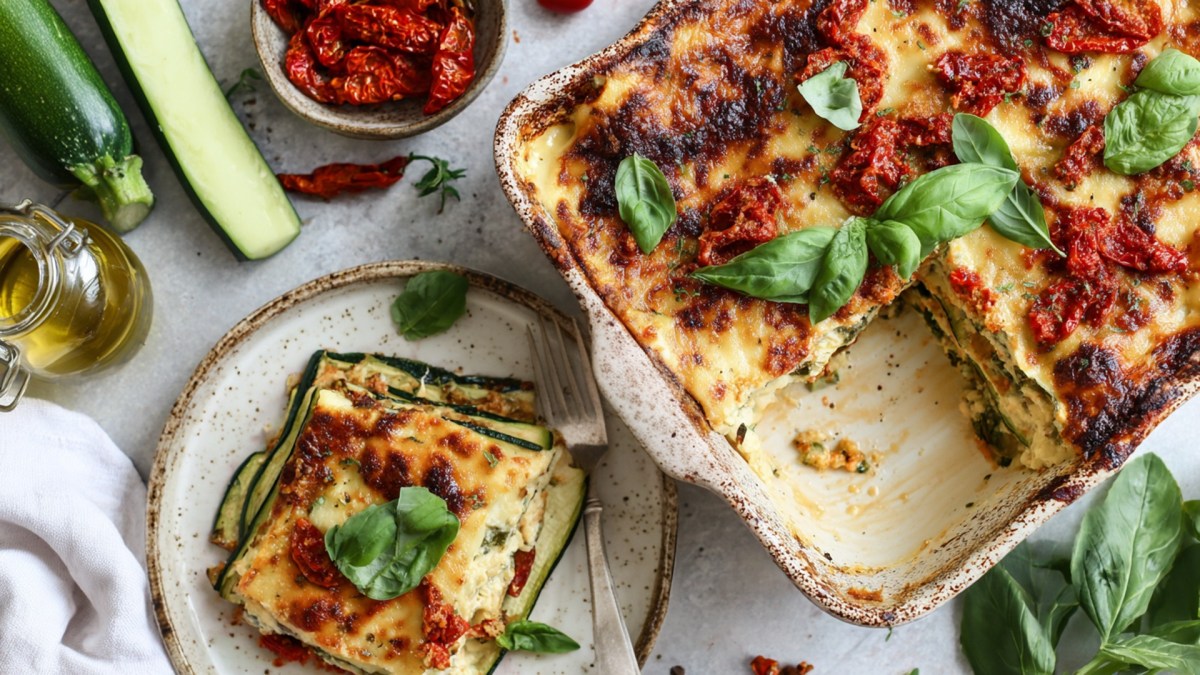 Draufsicht auf eine Auflaufform mit Zucchini-Feta-Lasagne. Ein Stück davon liegt auf einem Teller daneben. Ringsum sind frische Zutaten verteilt wie Zucchini, eine Schale mit getrockneten Tomaten, eine Glasgefäß mit Olivenöl, frisches Basilikum.
