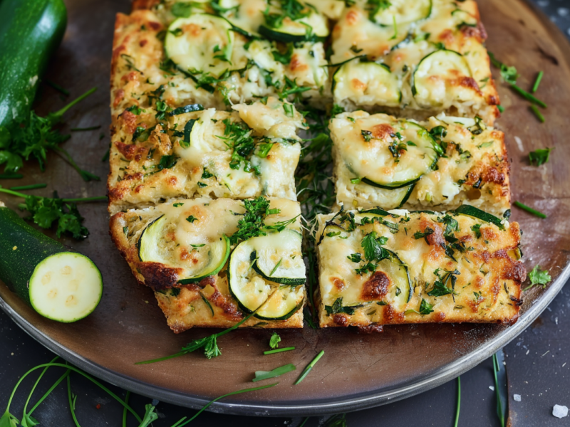 Zucchini-Grillbrot, serviert auf einem großen Teller. Daneben liegen aufgeschnittene Zucchini und frische Kräuter als Dekoration.
