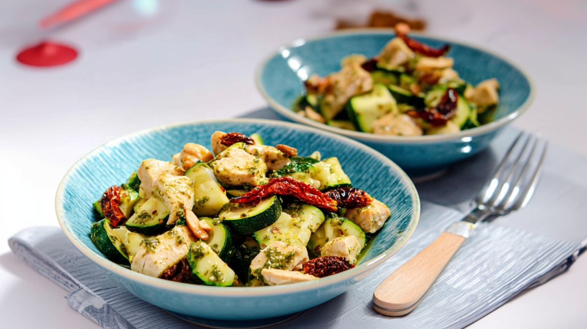 Zucchini-Hähnchen-Salat, serviert in zwei Schalen. Daneben liegt eine Gabel.