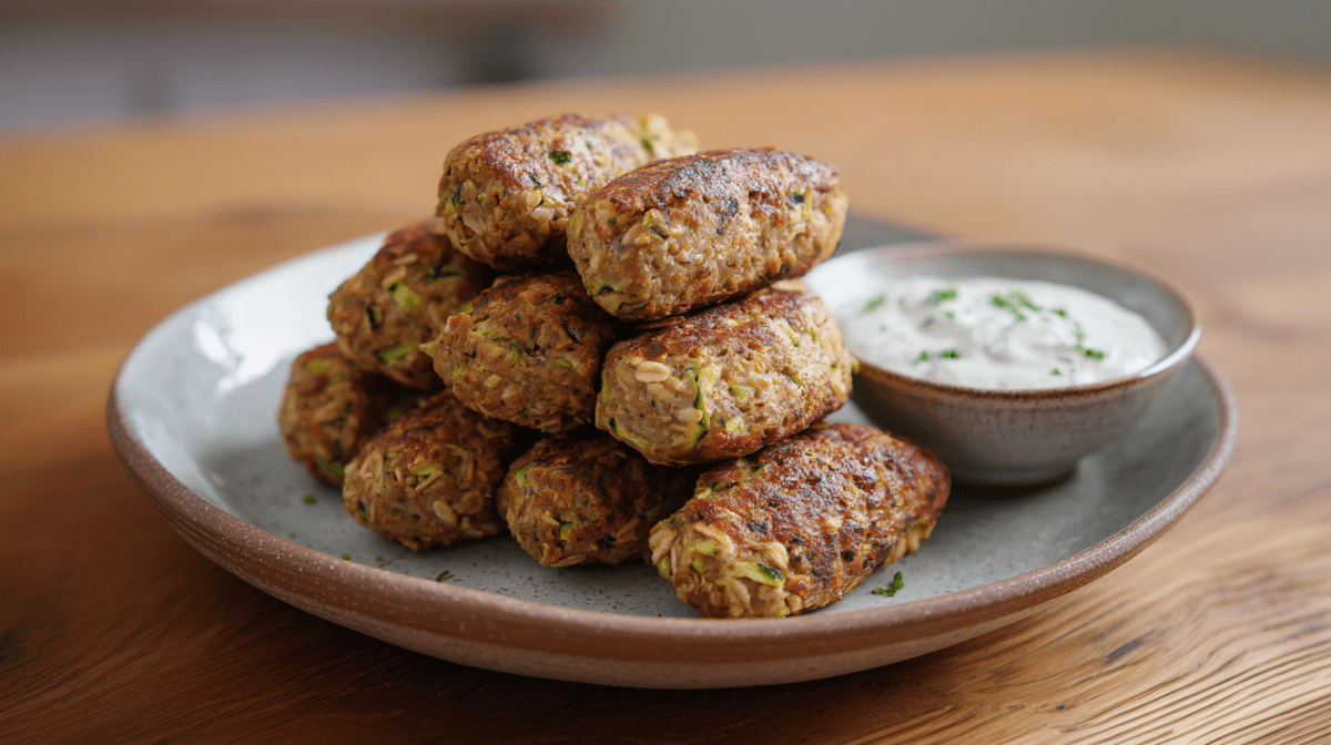 Neun Zucchini-Haferflockenröllchen liegen auf einem grauen Teller. Rechts neben ihnen steht ein Dip auf dem Teller. Der Teller steht auf einem Holztisch.