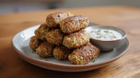 Neun Zucchini-Haferflockenröllchen liegen auf einem grauen Teller. Rechts neben ihnen steht ein Dip auf dem Teller. Der Teller steht auf einem Holztisch.