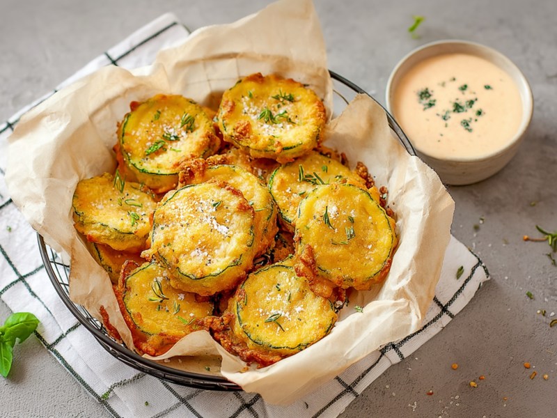 Ein große Schale mit Backpapier ausgelegt. Die Schüssel steht auf einem Küchenhandtuch. Daneben steht eine kleine Schale mit Dip.