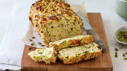 Ein angeschnittenes Zucchini-Käsebrot auf einem Holzbrett. Rechts neben dem Brot liegt ein Messer. Rechts neben dem Brett sieht man eine Schale mit Kürbiskernen.