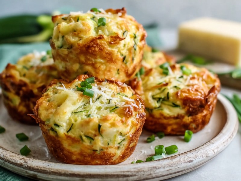 Ein Teller mit einigen Zucchini-Kartoffel-Muffins, die zu einem kleinen Stapel arrangiert sind. Im Hintergrund kann man zudem eine Zucchini, einen Block Butter oder Käse sowie einzelne Frühlingszwiebeln erkennen.