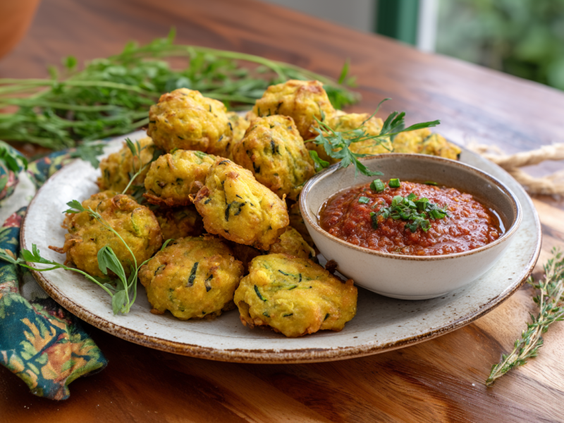 Zucchini-Knoblauch-Bites auf einem grauen Teller. Mit auf dem Teller steht ein Knoblauchdip. Im Hintergrund liegen frische Kräuter. Links neben dem Teller ein buntes Tuch.