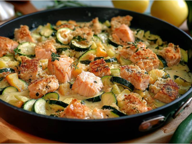 Zucchini-Lachs-Pfanne auf einem Tisch