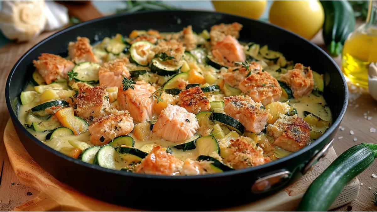 Zucchini-Lachs-Pfanne auf einem Tisch