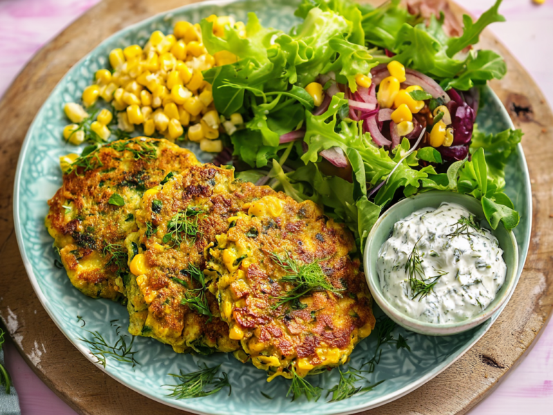 Zucchini-Mais-Puffer, serviert auf einem Teller mit Kräuterdip, Salat und frischem Mais.