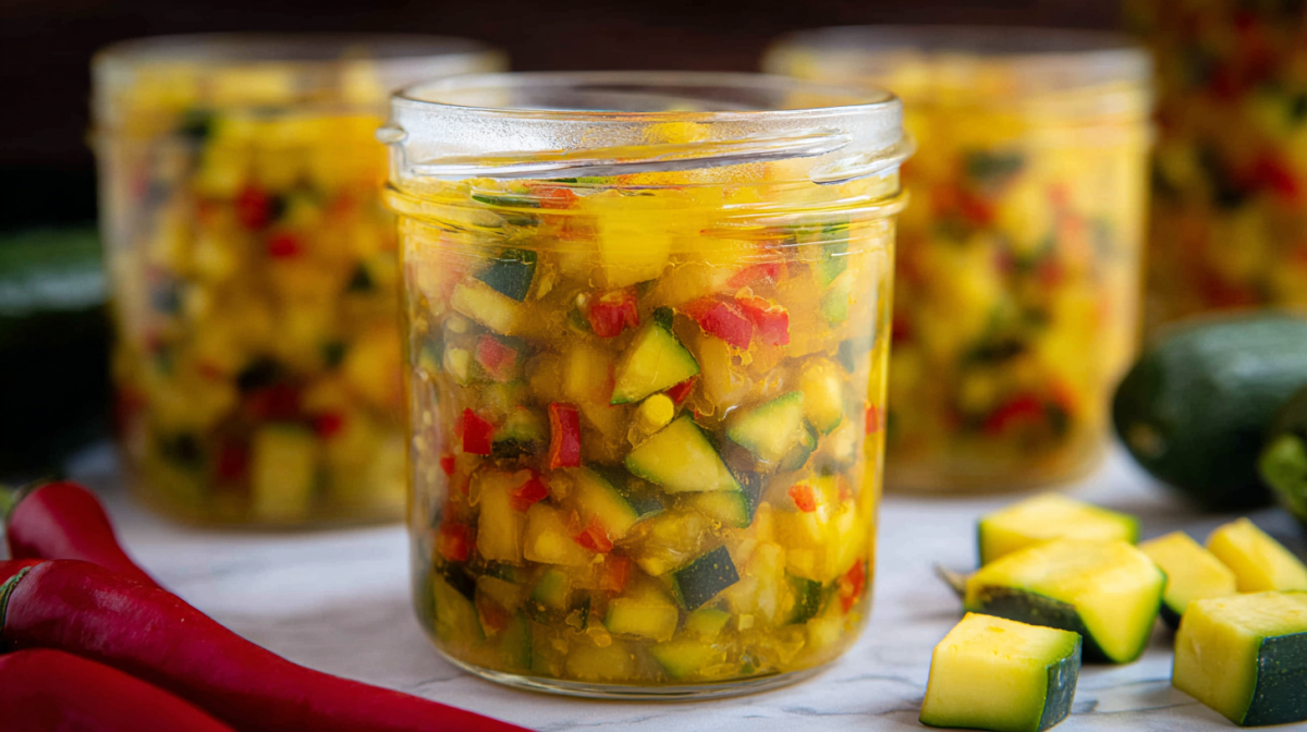 Mehrere Gläser mit Zucchini-Mango-Relish.