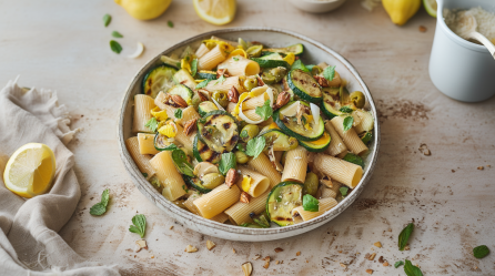 Ein Teller mit Zucchini-Nudelsalat. Um den Teller liegen frische Kräuter und gehackte Mandeln verteilt. Links im Bild liegt ein beiges Tuch mit einer geviertelten Zitrone darauf. Oben im Bild sieht man weitere Zitronen.