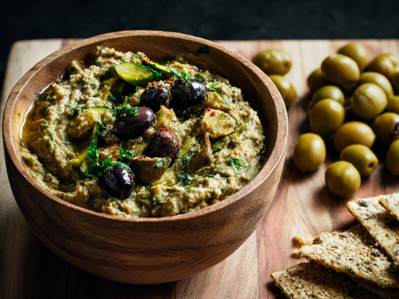 Eine Holzschale mit Zucchini-Oliven-Aufstrich, daneben liegen einige grüne Oliven.