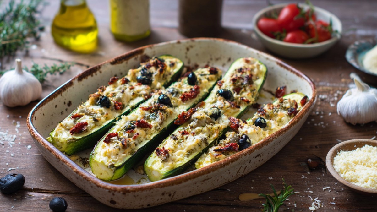 Eine Auflaufform mit Zucchini-Schiffchen mit Ricotta-Füllung. Ringsum liegen ein paar Oliven auf dem Tisch, genauso wie frische Kräuter, eine Knoblauchknolle, eine Schale mit frischen Tomaten und eine Schale mit geriebenem Pecorino. Außerdem kann man ein Gefäß mit Olivenöl sowie angedeutet eine Salz- und Pfeffermühle sehen.
