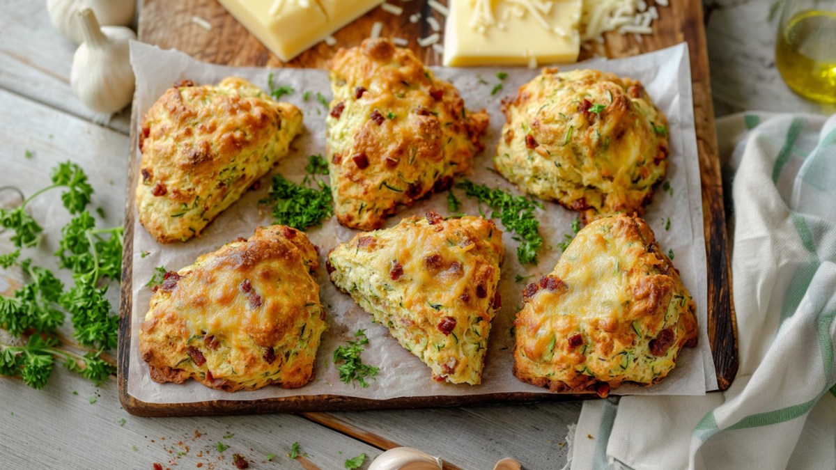 Ein Holzbrett, das mit weißem Backpapier ausgelegt ist und auf dem sechs Zucchini-Scones mit Käse und Speck liegen. Im Hintergrund kann man Käsestücke und etwas geriebenen Käse erkennen. Außerdem liegt frische gehackte Petersilie verteilt herum, genauso wie etwas Knoblauch. Ein Küchenhandtuch ist an der rechten Bildseite drapiert.