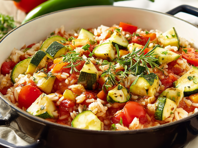 Zucchini-Tomaten-Reis, serviert in einer Pfanne.