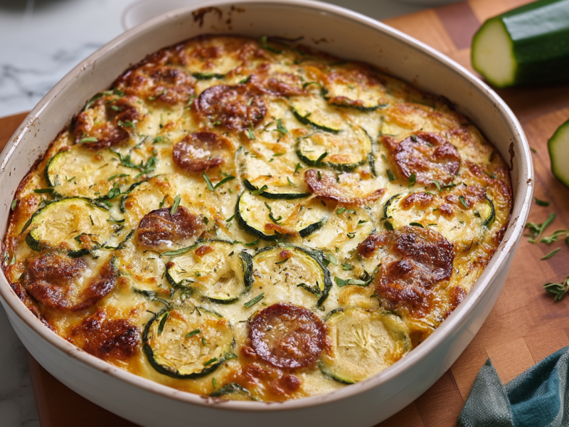 Eine Auflaufform mit Zucchini-Würstchen-Auflauf, daneben liegen Zutaten.