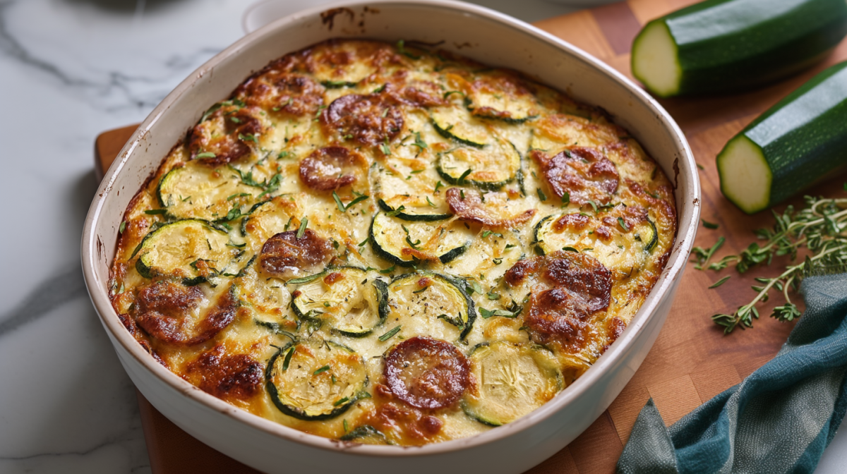 Eine Auflaufform mit Zucchini-Würstchen-Auflauf, daneben liegen Zutaten.