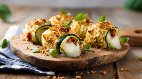 Zucchiniröllchen aus dem Airfryer liegen auf einem rustikalen Holzbrett. Das Brett liegt auf einem Küchentuch auf einem Holztisch. Die Röllchen sind mit Basilikumblättern dekoriert.