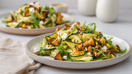Ein Zucchinisalat mit gebratenen Pfifferlingen auf einem hellen Teller. Links im Bild liegt ein beiges Küchentuch. Im Hintergrund steht ein weiterer Teller mit dem Salat.