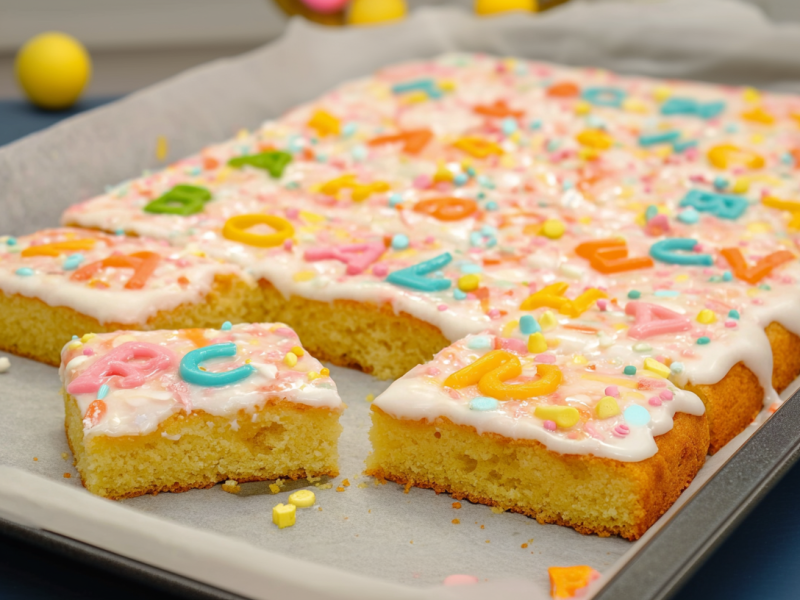 Ein Blech mit ABC-Kuchen vom Blech, ein Stück ist angeschnitten.