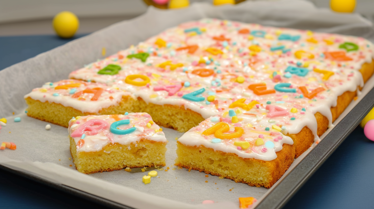 Ein Blech mit ABC-Kuchen vom Blech, ein Stück ist angeschnitten.