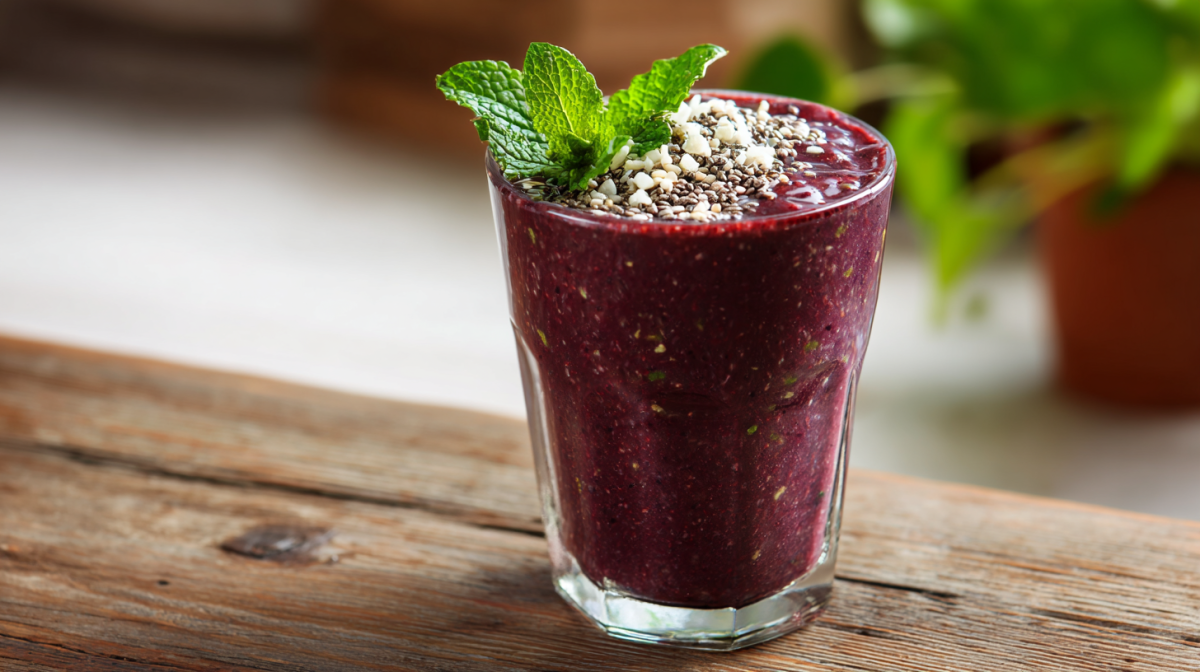 Ein Açaí-Smoothie im Glas steht auf einem Holztisch. Er ist mit Minze, Kokosraspeln und Chia-Samen garniert. Im Hintergrund sieht man noch eine Pflanze stehe.