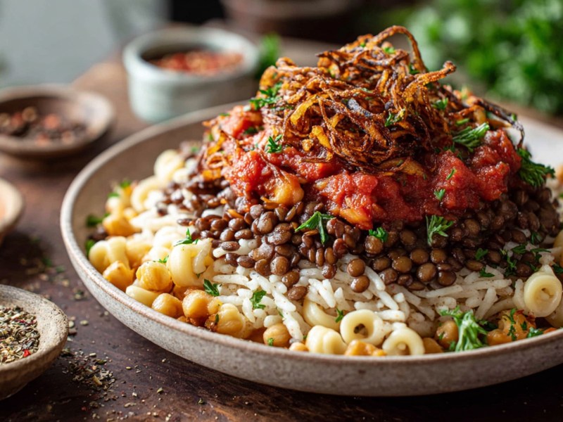 Ein großer Teller mit ägyptischem Koshari, das aus Reis, Nudeln, Kichererbsen, Linsen, einer Tomatensoße und karamellisierten Zwiebeln zubereitet und in Schichten angerichtet ist. Ringsum stehen kleine Schalen mit Gewürzen und im Hintergrund ist frische Petersilie zu erkennen.