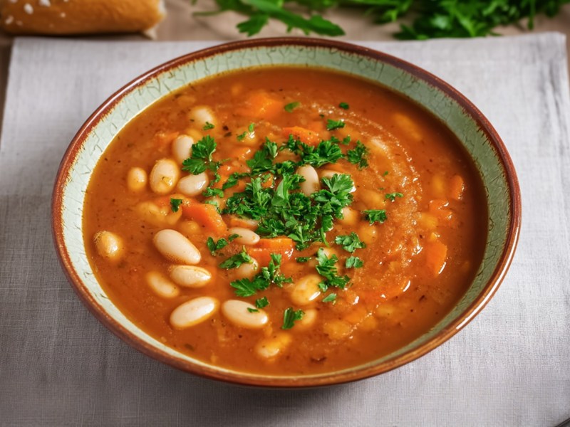Ein Teller mit albanischer Bohnensuppe, die mit frischer Petersilie garniert ist. Der Teller steht auf einem Untersetzer. Außerdem kann man einen Löffel, einige Scheiben Brot und frische Kräuter erkennen.